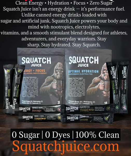 Squatch Juice Energy + Focus - 30 Sticks - Pineapple/Mango, Watermelon, Lemonade, Strawberry/Kiwi