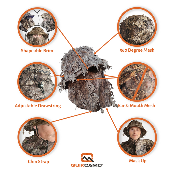 3D Leafy Camo Face Mask Bucket Hats in Mossy Oak and Realtree - Adjustable OSFM