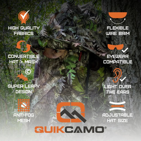 3D Leafy Camo Face Mask Bucket Hats in Mossy Oak and Realtree - Adjustable OSFM