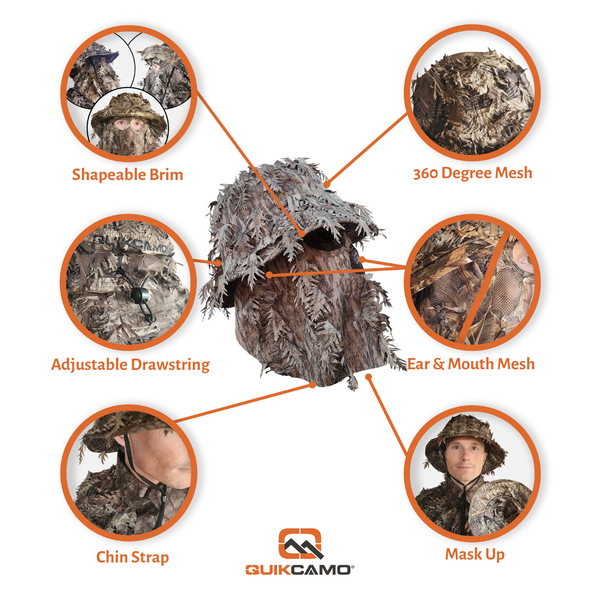 3D Leafy Camo Face Mask Bucket Hats in Mossy Oak and Realtree - Adjustable OSFM