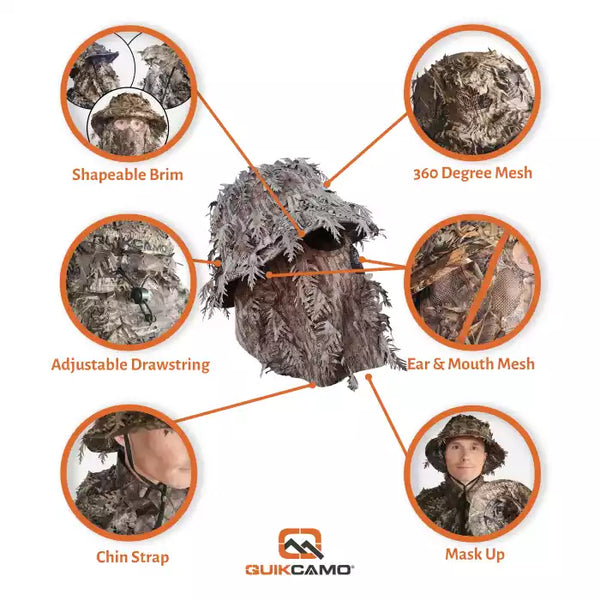 3D Leafy Camo Face Mask Bucket Hats in Mossy Oak and Realtree - Adjustable OSFM