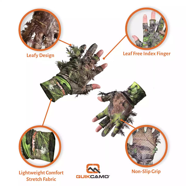 3D Leafy Camo Gloves in Mossy Oak and Realtree - Fingerless or Touchscreen Tips