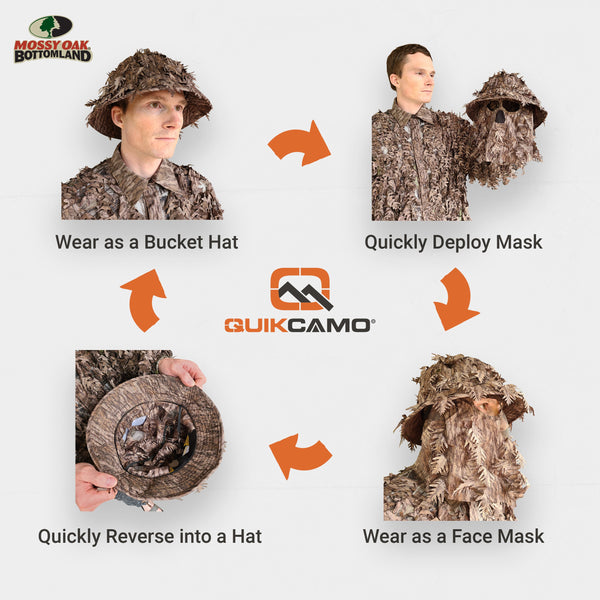 3D Leafy Camo Face Mask Bucket Hats in Mossy Oak and Realtree - Adjustable OSFM
